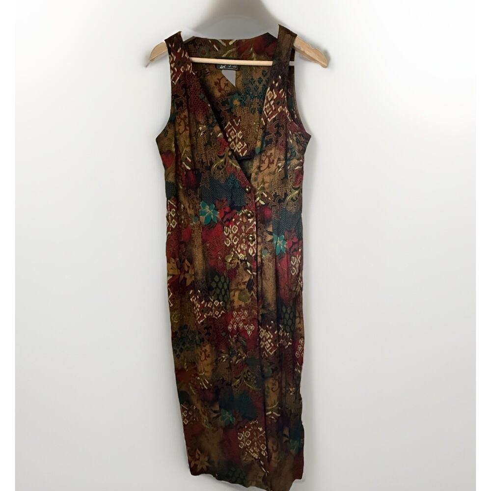 Vintage Y2K All That Jazz Mult Floral Rayon Sleeveless Side Button Wrap Dress 11